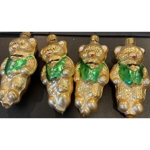 Vintage Mercury Glass 4 Golden Teddy Bear‎ Christmas Ornament Green Vest Bow Tie